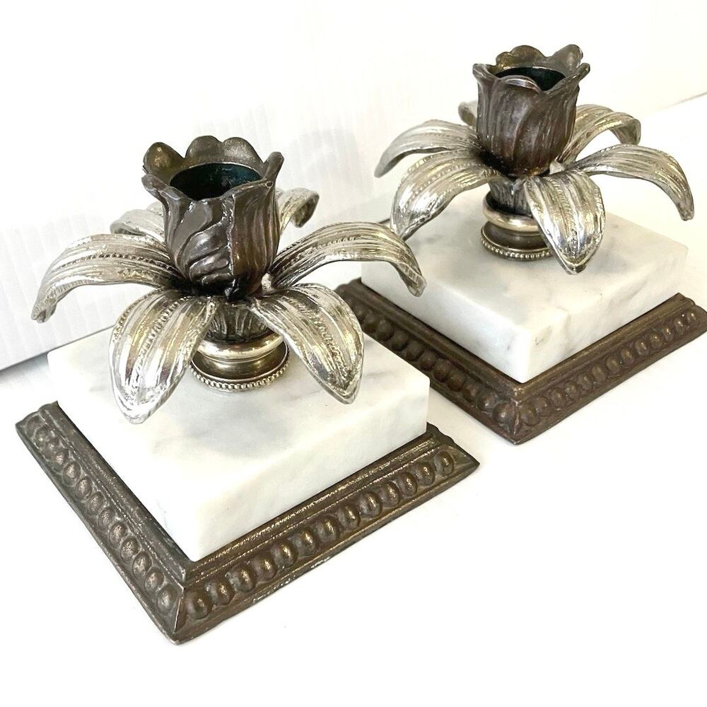 Vtg Regency Brass & Marble Candlestick Holder Pair Silverplate Flower Sculpture